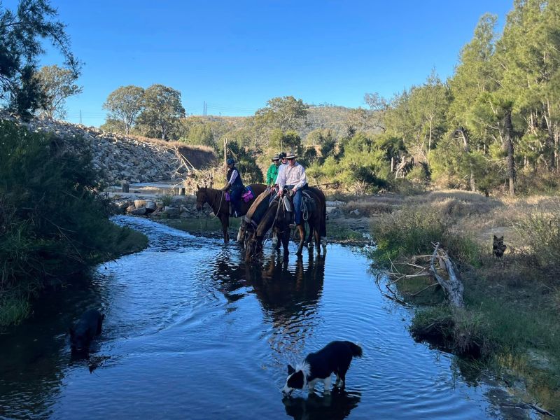 a group of people riding horses on a river
