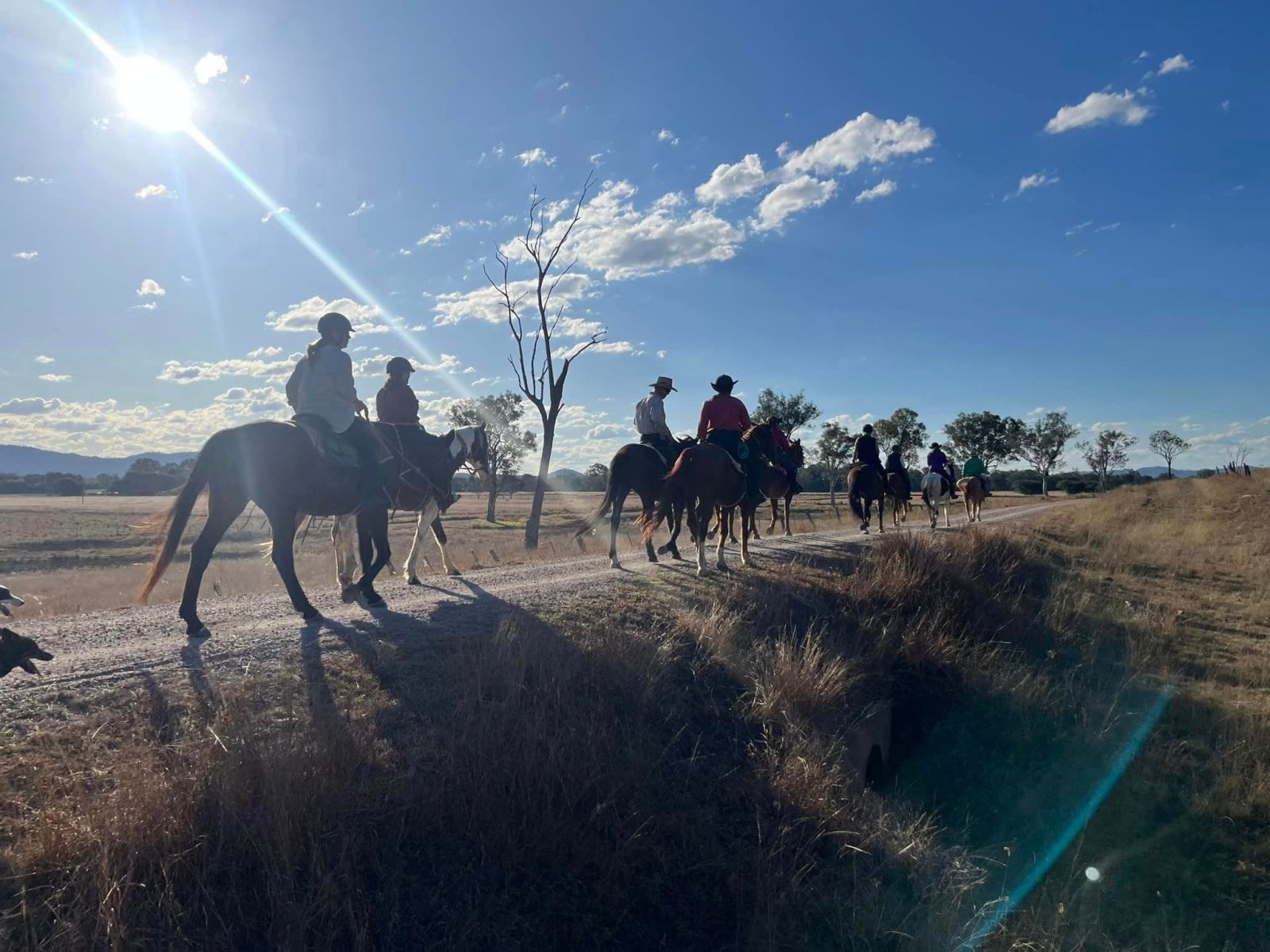 a group of people riding horses on a field