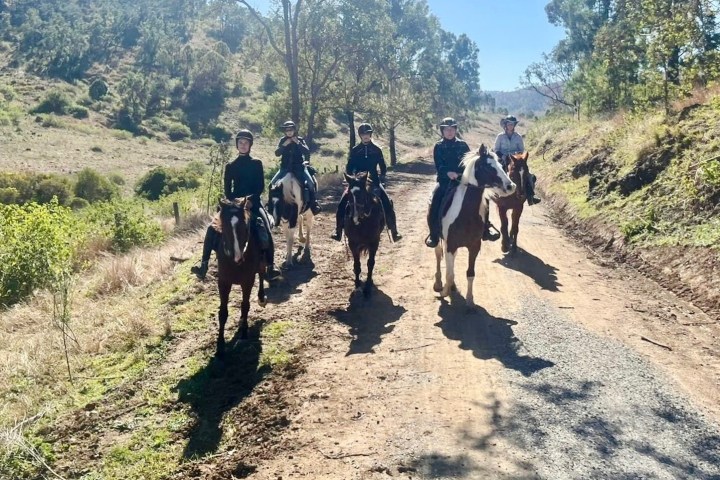 a group of people riding horses on a dirt road