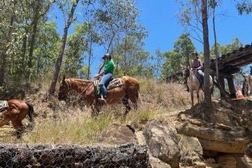 a group of people riding horses on a rocky path